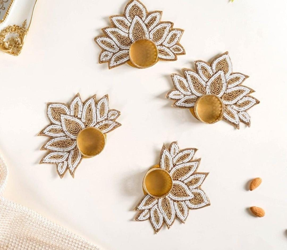Set Of 4 Jardoshi Work Golden Lotus Candle Holder